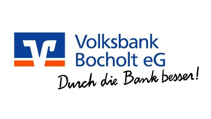 Das Logo der Volksbank Bocholt eG zeigt einen blauen Hintergrund mit einem stilisierten 'V' und dem Slogan in geschwungener Schrift.
