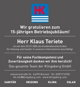Eine herzliche Gratulation zum 15-jährigen Jubiläum von Herrn Klaus Teriete, einem geschätzten Mitarbeiter im Kundendienst.