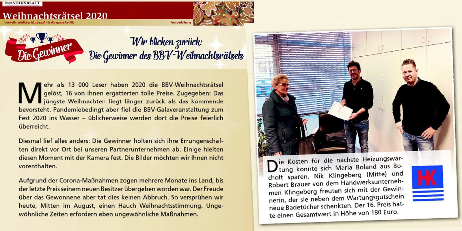 Die Gewinner des BBV-Weihnachtsrätsels posieren lächelnd in einem hellen Raum mit Fenster und Schreibtisch.