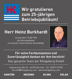 Das Team der Klingeberg GmbH würdigt Herrn Burkhardt für seine 25 Jahre treue Arbeit als Heizungsbauer im Unternehmen.