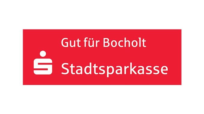 Ein rotes Logo der Stadtsparkasse Bocholt mit dem Slogan 'Gut für Bocholt' in weißer Schrift.