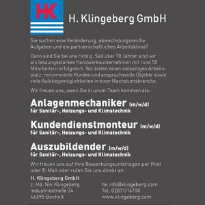 Das Unternehmen H. Klingeberg GmbH sucht neue Mitarbeiter für Sanitär-, Heizungs- und Klimatechnik in Bocholt.
