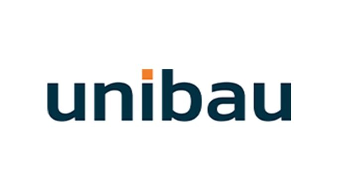 Das Logo von unibau zeigt den Schriftzug in dunkler Schrift mit einem orangefarbenen Akzent.