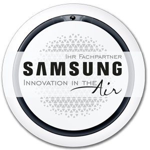 Ein runder, moderner Logo-Entwurf von Samsung, der den Slogan 'Innovation in the Air' enthält.