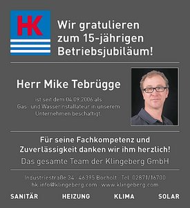 Herzliche Glückwünsche zum 15-jährigen Jubiläum von Herrn Mike Tebrügge, einem geschätzten Gas- und Wasserinstallateur.
