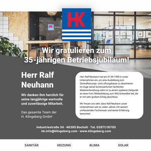 Eine herzliche Gratulation zum 35-jährigen Jubiläum von Herrn Ralf Neuhann, gewürdigt von H. Klingeberg GmbH.